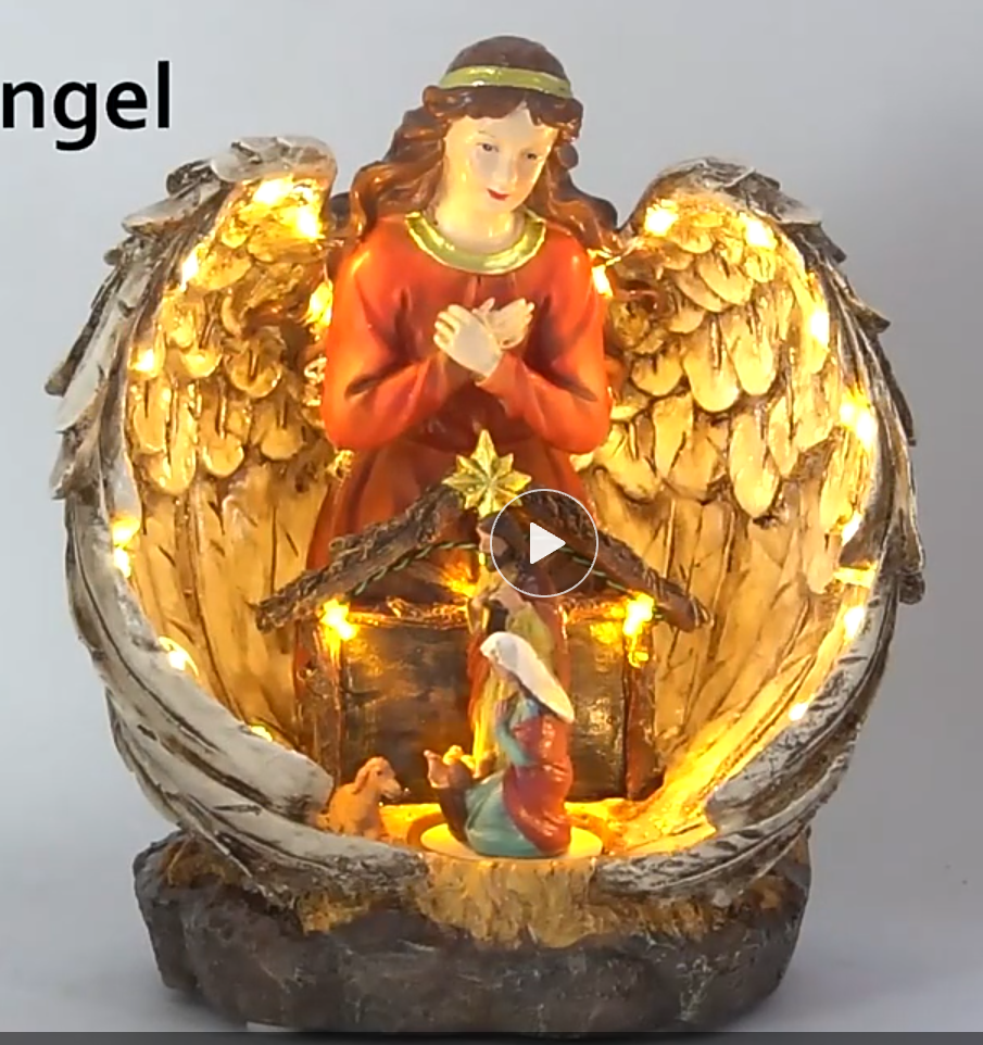 Religious Guardian Angel Nativity Scene Spinning Cradle Glowing Wings Warm LED Lights Christmas Decoration With Movement